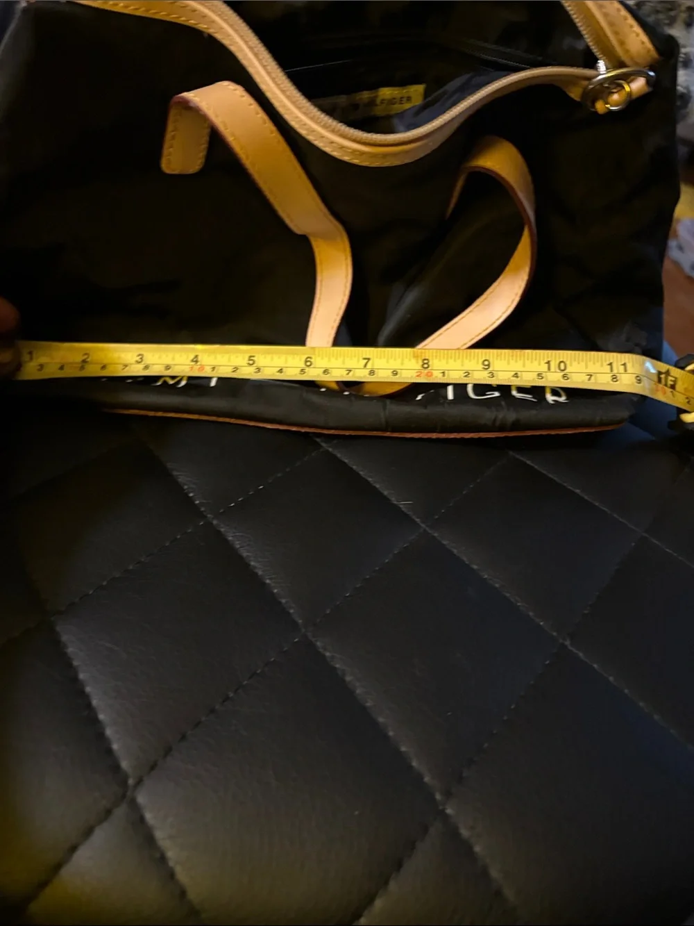 Tommy Hilfiger Black Nylon Messenger Tote with Tan Leather Accents